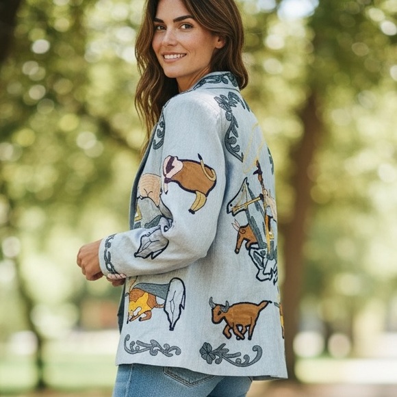 90s SANDY STARKMAN COTTON CHAMBRAY EMBROIDERED WESTERN COWGIRL THEME BLAZER SZ L - Picture 3 of 10